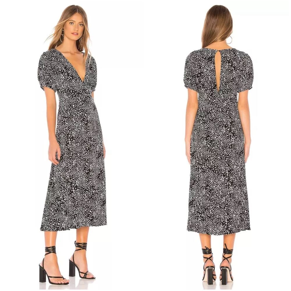 NWT FREE PEOPLE Dress 4 Black White Fit&Flare V Puff-Balloon-Sleeve Slits Btn-Up